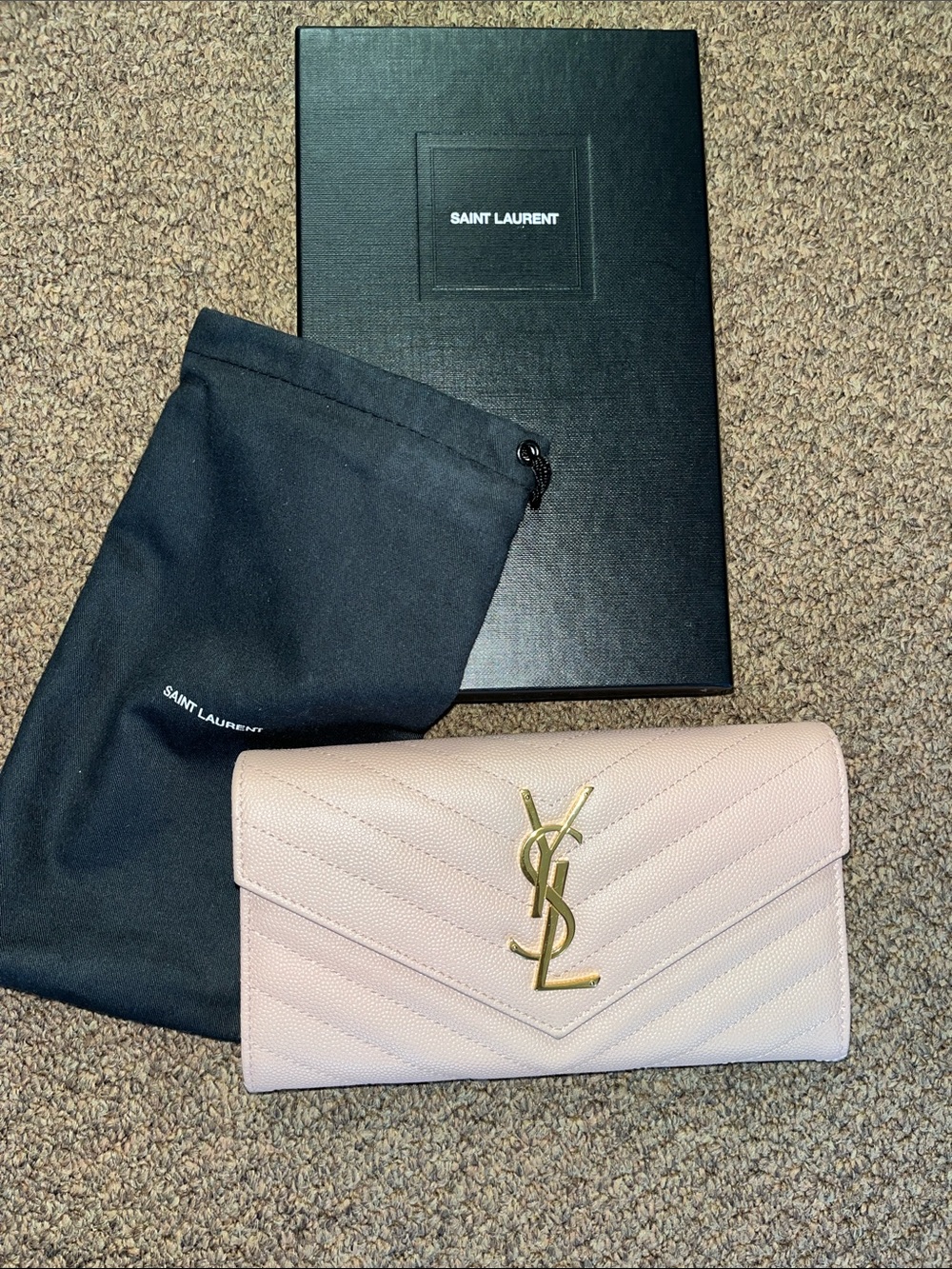 Yves Saint Laurent Blush Quilted Chevron Envelope Wallet with Gold YSL